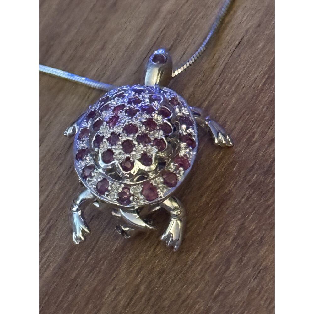 VINTAGE Chapal Zenray Rubies Sterling 925 TURTLE brooch / Pendant w/Necklace 22g